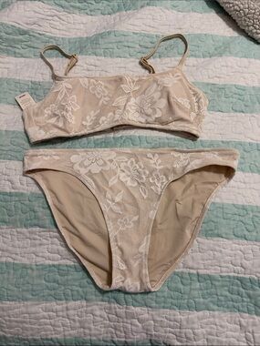 aerie Beige Floral Lace Bikini Set